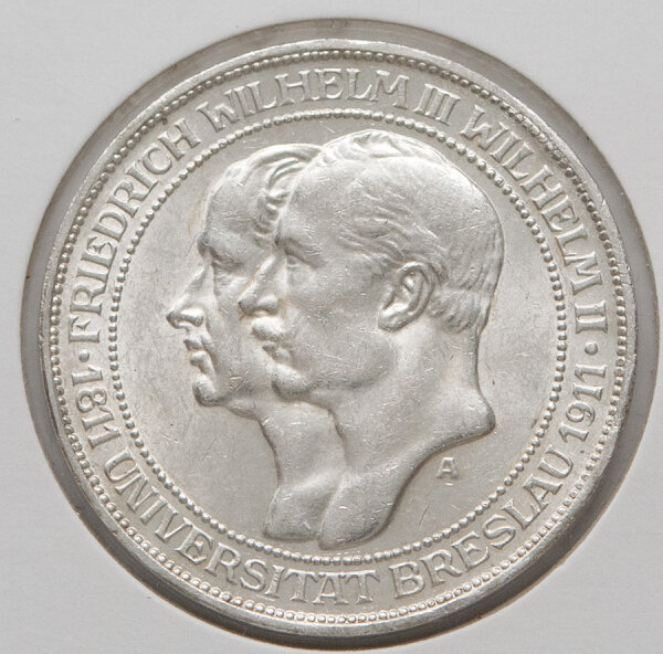 3 Mark 1911 Universität Breslau – Doppelporträt Friedrich Wilhelm III. und Wilhelm II., Umschrift UNIVERSITÄT BRESLAU 1811–1911, Münzzeichen A.