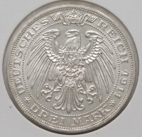 3 Mark 1911 – Rückseite mit gekröntem Reichsadler, Umschrift DEUTSCHES REICH 1911 und Wertangabe DREI MARK.