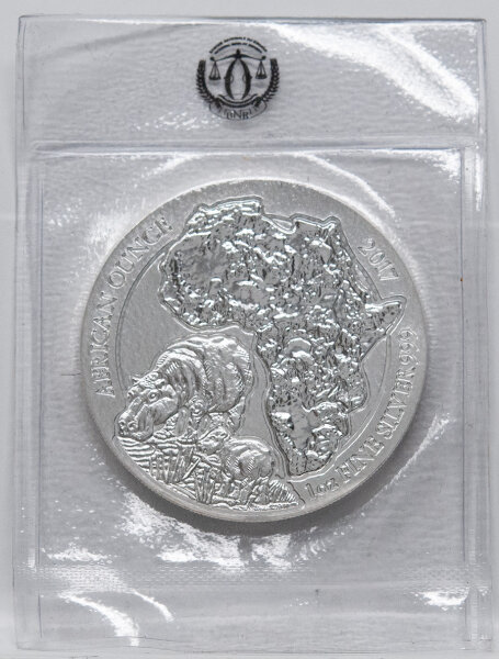 Motivseite der 1 Unze Silber Ruanda African Ounce 2017 mit der Flusspferd-Familie und Kontur Afrikas.