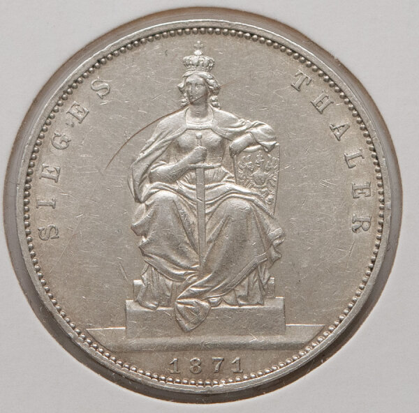 Siegestaler 1871 – Thronende Germania mit Schwert und Wappenschild, Umschrift SIEGES THALER, Jahr 1871.