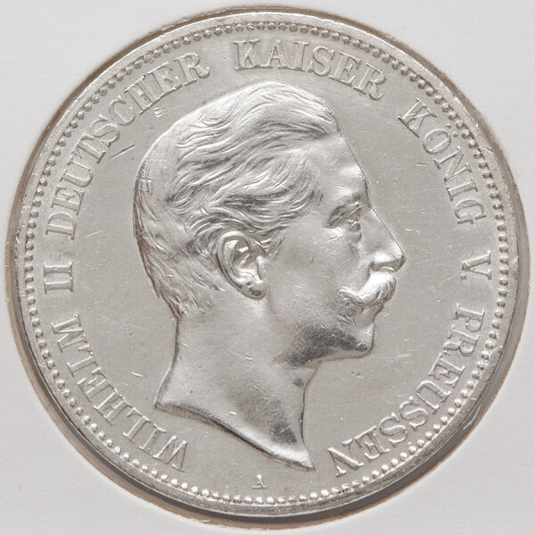 5 Mark 1907 Preußen, Porträt Kaiser Wilhelm II, Münzzeichen A.