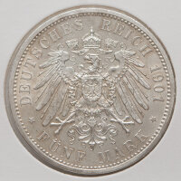 Rückseite mit großem Reichsadler, Umschrift „Deutsches Reich 1901“, Wertangabe Fünf Mark.
