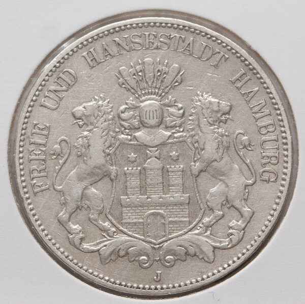 5 Mark 1903 J, Vorderseite mit dem Großen Stadtwappen der Hansestadt Hamburg.