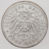 Rückseite mit gekröntem Reichsadler, Umschrift „Deutsches Reich 1913“, Wert Fünf Mark.