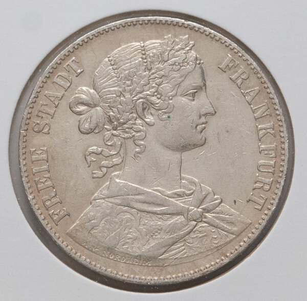 Vereinstaler 1860 Frankfurt, Vorderseite mit klassischer Germania-Büste mit Lorbeerkranz und Umschrift „Freie Stadt Frankfurt“.