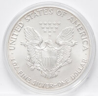Heraldic Eagle mit Schild, Olivenzweig und Pfeilen, 13 Sterne über dem Adler, Umschrift UNITED STATES OF AMERICA – 1 OZ FINE SILVER – ONE DOLLAR.