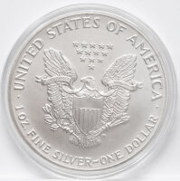 Heraldic Eagle mit Schild, Olivenzweig und Pfeilen, 13 Sterne über dem Adler, Umschrift UNITED STATES OF AMERICA – 1 OZ FINE SILVER – ONE DOLLAR