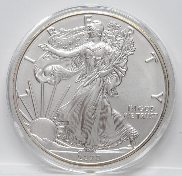 Vorderseite des American Silver Eagle 2020 mit dem klassischen Walking-Liberty-Motiv. Der Prägeglanz ist makellos, die Details der Flagge und der Sonnenstrahlen sind gestochen scharf.