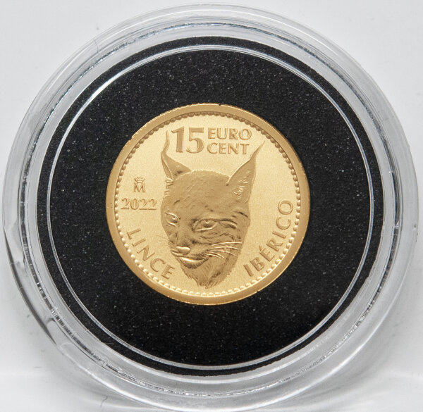 Rückseite der spanischen 15 Cent Goldmünze 2022 Iberischer Luchs mit dem Nominal und dem Münzzeichen der Real Casa de la Moneda.