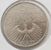 Rückseite der Silbermünze mit dem Bundesadler, Nennwert 5 Deutsche Mark und der Jahreszahl 1952. Prägestätte D (München).