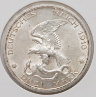 3 Mark 1913 – Reichsadler im Kampf mit einer Schlange, Umschrift DEUTSCHES REICH 1913, Wert DREI MARK.