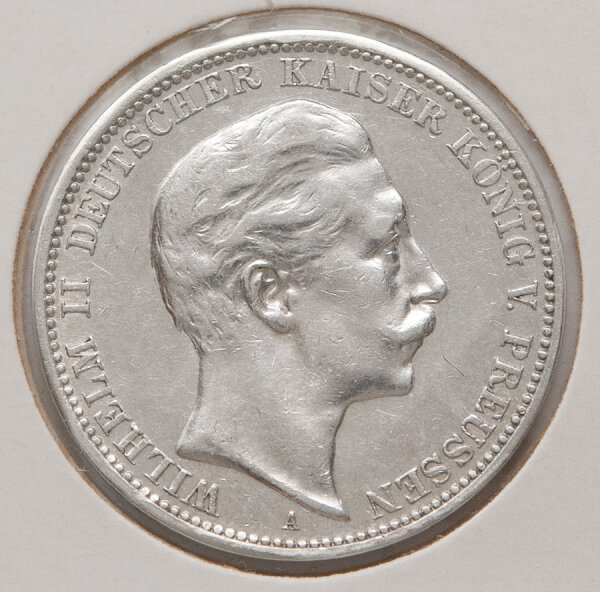 3 Mark 1908 Preußen – Porträt Wilhelm II., Münzzeichen A, Umschrift DEUTSCHER KAISER KÖNIG V. PREUSSEN.