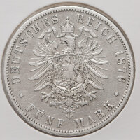 Rückseite mit gekröntem Reichsadler, Umschrift „Deutsches Reich 1876“, Wertangabe Fünf Mark.