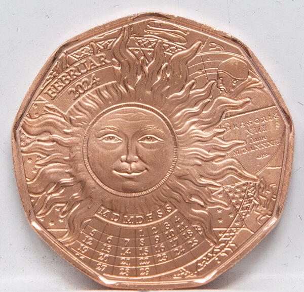 Runde Münze mit geprägtem Portraitprofil-Motiv, Brilliant Uncirculated, feine Oberflächenstruktur.