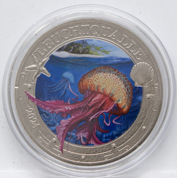 Runde Münze mit geprägtem Portraitprofil-Motiv, Brilliant Uncirculated, feine Oberflächenstruktur.