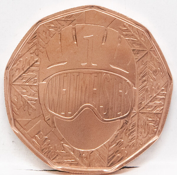 Runde Münze mit geprägtem Portraitprofil-Motiv, Brilliant Uncirculated, feine Oberflächenstruktur.