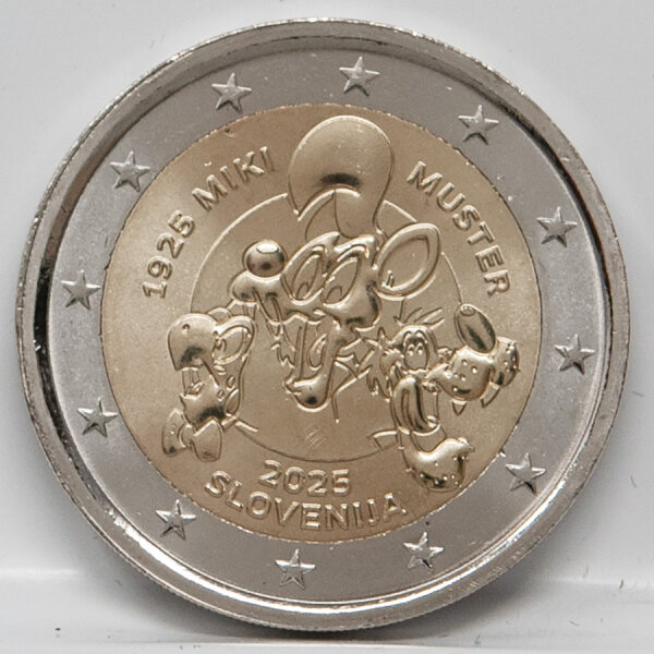 „Slowenien 2 Euro 2025 Miki Muster UNC aus dem Eurosystem, ikonisches Comic-Motiv, offizielle Ausgabe der Banka Slovenije in Stempelglanz-Qualität.“