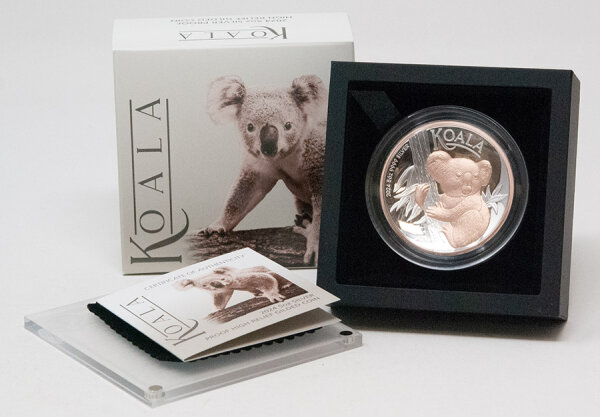 Runde Münze mit geprägtem Koala-Motiv, Brilliant Uncirculated, feine Oberflächenstruktur.