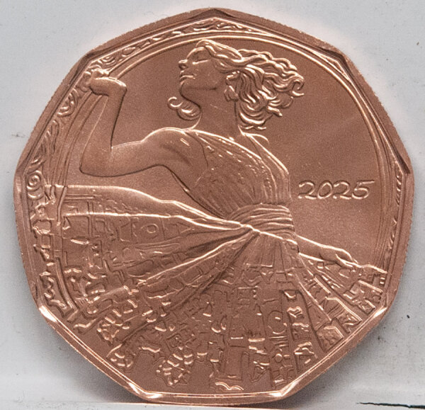 Runde Münze mit geprägtem Portraitprofil-Motiv, Brilliant Uncirculated, feine Oberflächenstruktur.