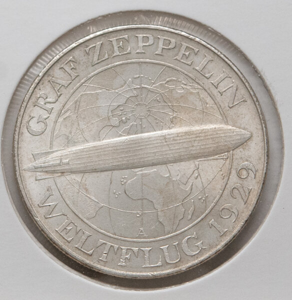 5 Mark 1930 A, Vorderseite mit Porträt von Ferdinand Graf von Zeppelin und Umschrift „F. Graf v. Zeppelin“.