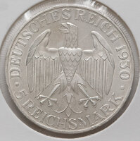 5 Mark 1930 A, Rückseite mit Luftschiff LZ 127 über dem Globus und Umschrift „Deutsches Reich 1930 – 5 Reichsmark“, unten Münzzeichen A.