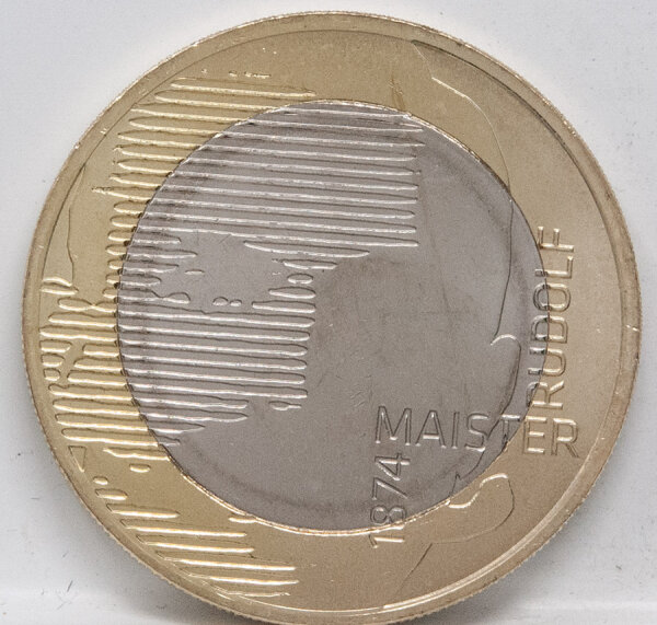 Runde Münze mit geprägtem Portraitprofil-Motiv, Brilliant Uncirculated, feine Oberflächenstruktur.