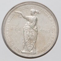 Gedenkthaler Frankfurt 1862, Vorderseite mit stehender Germania, Schild mit Adler und Umschrift „Zum Deutschen Schützenfeste Juli 1862“.