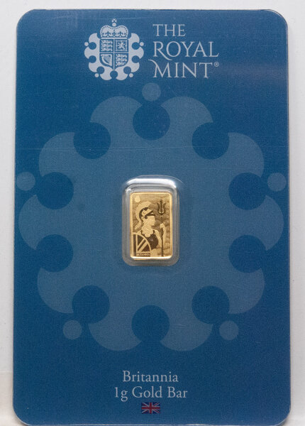 Goldbarren Germania Mint 1 g in der Rippe „The Royal Mint Britannia“, im Blister Safepack mit Schutzfolie, mit Aufdruck von Britannia