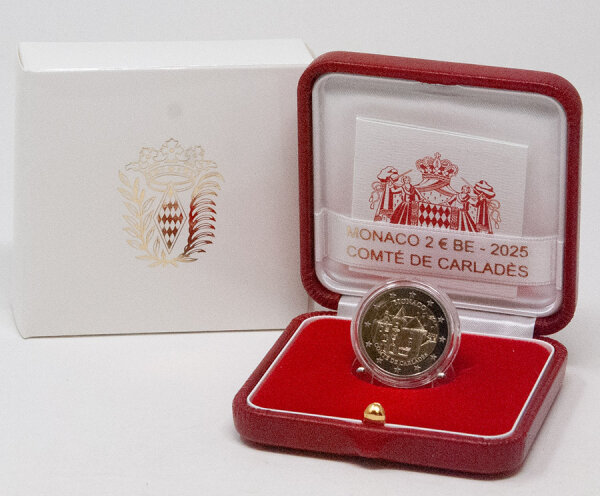 Monaco 2 Euro 2025 „Comté de Carladès“ – Gedenkmünze Polierte Platte im Etui mit Zertifikat. Motiv: Haus der Prinzen in Vic-sur-Cère und Wappen der Grafschaft Carladès.