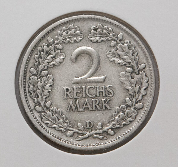 2 Mark 1926 D – Wertseite mit Eichenlaubkranz und Nennwert 2 Reichsmark