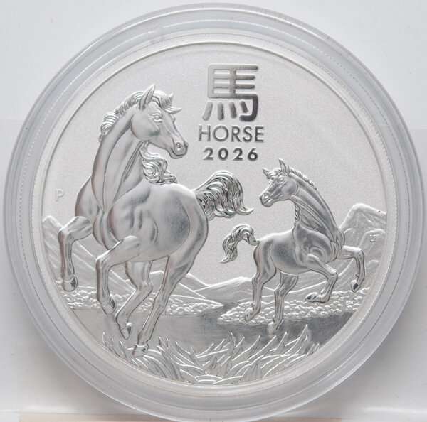 Runde Münze mit geprägtem Pferd-Motiv, Brilliant Uncirculated, feine Oberflächenstruktur.