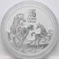 Runde Münze mit geprägtem Pferd-Motiv, Brilliant Uncirculated, feine Oberflächenstruktur.