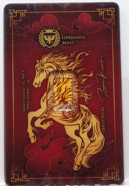 Germania Mint 1-g-Goldbarren „Year of the Horse“ in versiegelter Assay-Karte (Safepack); Vorderseite mit Hersteller-Hallmarks und Feingehalt 999,9, thematische Karten­gestaltung zum Jahr des Pferdes.