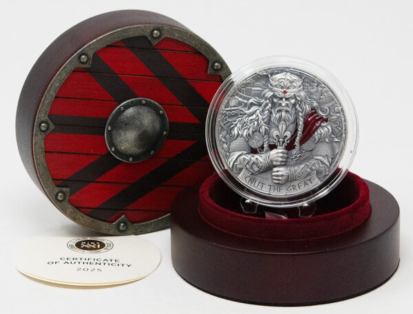 Kamerun 2000 Francs 2025 King Cnut the Great – silberne Münze mit Reliefdarstellung von König Cnut vor Sturmwellen