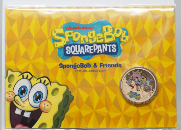 Tuvalu 2025 Coincard mit 1-Dollar Münze Aluminium-Bronze, farbiges Motiv: SpongeBob SquarePants und seine Freunde in Bikini Bottom, inklusive Logo, mit Porträt von König Charles III. und typischen Inschriften.