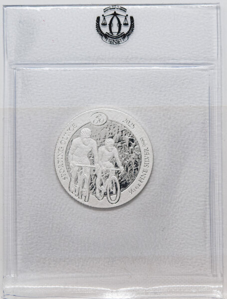 Silbermünze Rwanda Sporting Ounce® 2025, 1/12 oz (2,6 g) BU, zeigt Radrennfahrer-Motiv zur Straßenrad-WM 2025 in Kigali, Vorderseite mit Staatswappen Ruandas.
