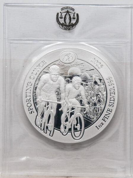 Rwanda Sporting Ounce® 2025 Silbermünze, 1 oz (31,1 g) BU, 40 mm, zeigt Radrennfahrer-Motiv zur WM 2025, Vorderseite mit Wappen Ruandas.