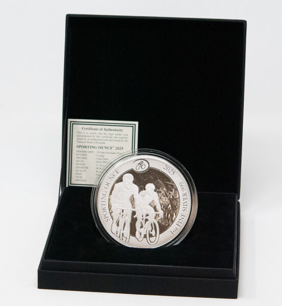 Rwanda Sporting Ounce® 2025, 1 oz Silber, 80 mm Durchmesser, Reverse Proof Varianten, zeigt Radrennfahrer-Motiv zur Straßenrad-WM Kigali 2025.