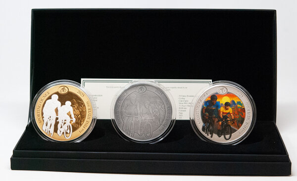 Rwanda Sporting Ounce® 2025, 1 oz Silber, 80 mm Durchmesser, Reverse Proof Varianten, zeigt Radrennfahrer-Motiv zur Straßenrad-WM Kigali 2025.