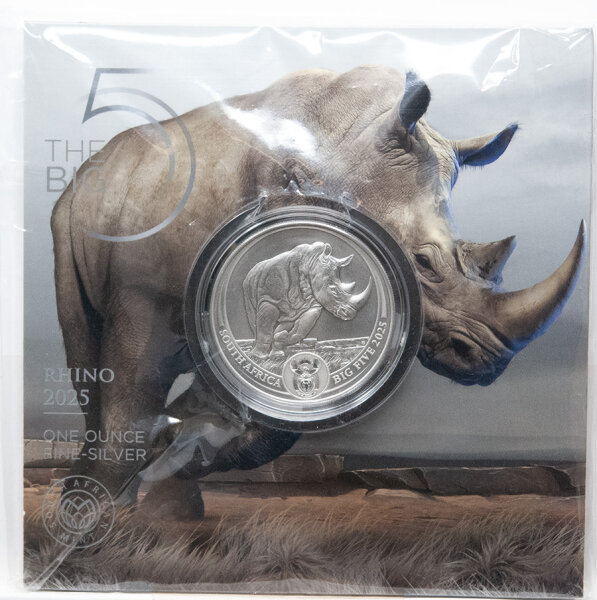 „Silbermünze Südafrika 5 Rand 2025 Big Five Serie III: Nashorn (Rhino) in Uncirculated Qualität, Nennwert 5 Rand, Silber Ag 999, 1 Unze, mit Tiermotiv und South African Coat of Arms.“