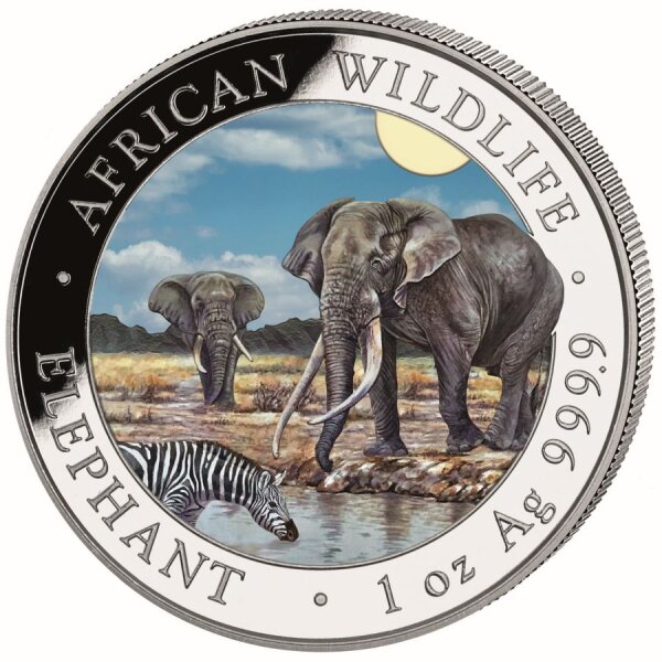 Somalia 2026 African Wildlife Elephant Silbermünze 1 Unze, Elefantenmotiv, Nennwert 100 Shillings, fein .9999 Silber, geriffelter Rand, Wappen von Somalia mit Leoparden