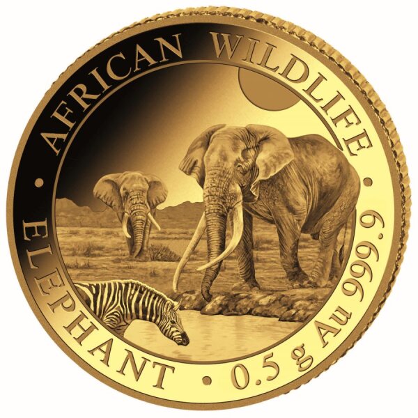 Somalia 2026 Elefant Goldmünze 0,5 g Proof .9999 – Elefantenmotiv in afrikanischer Landschaft, Rückseite mit Wappen Somalias, Nennwert 20 Shillings.