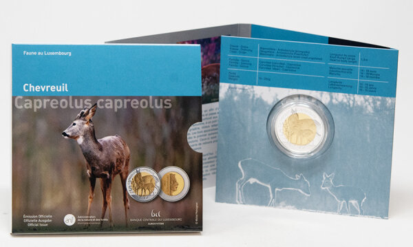 Luxemburg 5-Euro-Gedenkmünze 2025 mit Motiv eines Europäischen Rehs in einer natürlichen Szenerie, geprägt von der BCL, Teil der Flora & Fauna Serie.
