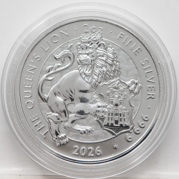 Silbermünze Großbritannien 2026 – 2 Unzen Queen’s Lion (Tudor Beasts), Motiv eines majestätischen Löwen, Umschrift ‚2 oz Fine Silver 999.9‘, Porträt von Charles III auf der Vorderseite.