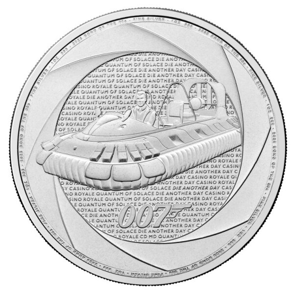 Silbermünze Großbritannien 2026 Ø 2 Pfund „Six Decades of 007 / 00’s“, 1 Unze, mit Montage ikonischer Bond-Fahrzeuge, Royal Mint Design.