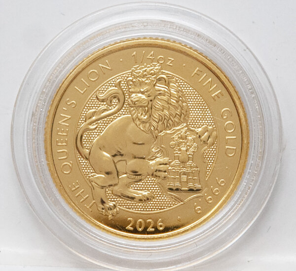 Großbritannien 2026 – 1/4 oz Goldmünze Queen’s Lion aus der Tudor Beasts Serie, Löwenmotiv, Porträt von Charles III
