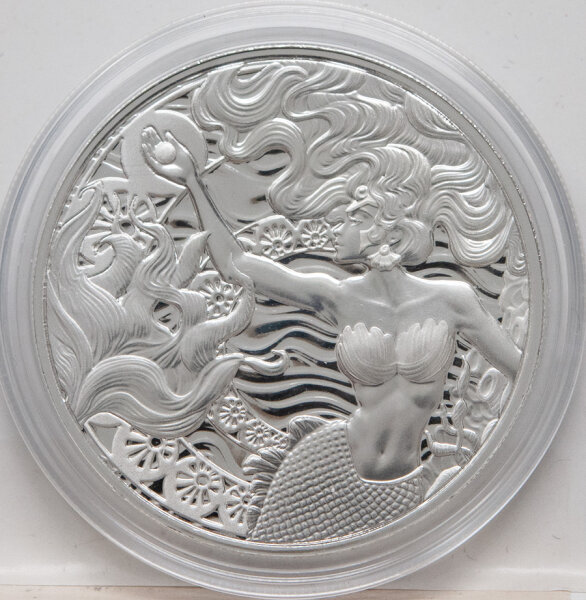 Silbermünze Samoa 2025 Mermaid & Pearl 1 Unze BU – Motiv Meerjungfrau mit Perle, glänzende Oberfläche.