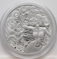Silbermünze Samoa 2025 Mermaid & Pearl 1 Unze BU – Motiv Meerjungfrau mit Perle, glänzende Oberfläche.
