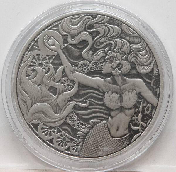 Silbermünze Samoa 2025 Mermaid & Pearl 1 Unze mit Antique Finish – reliefbetontere Darstellung durch Patinaeffekt.“