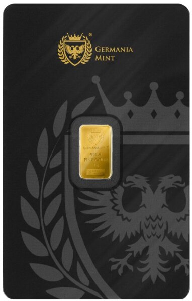 Goldbarren Germania Mint 1 g Au 999,9 im Safepack, mit Aufdruck „Germania Mint“ und eingebautem Schutzfilm.